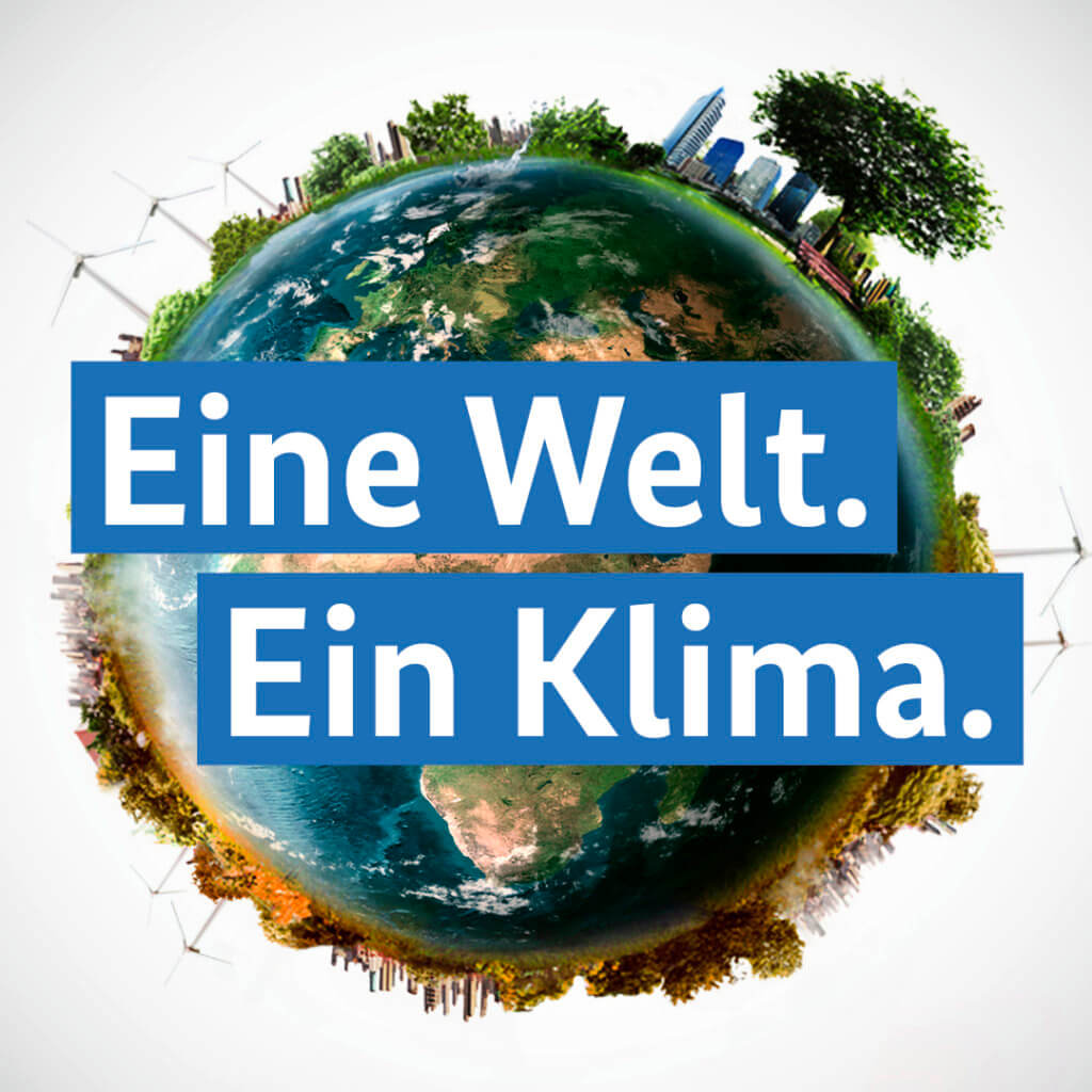 Weltkugel mit dem Schriftzug "Eine Welt. Ein Klima."